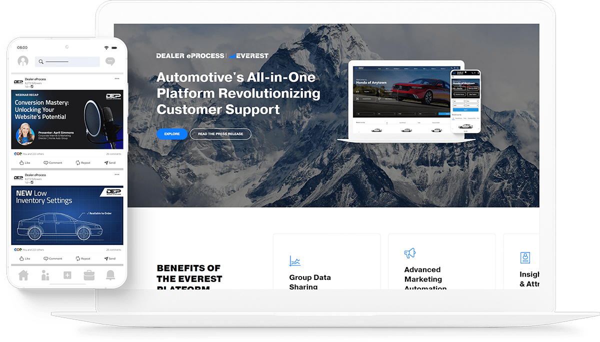 Mockup of the Dealer eProcess website and social media posts.