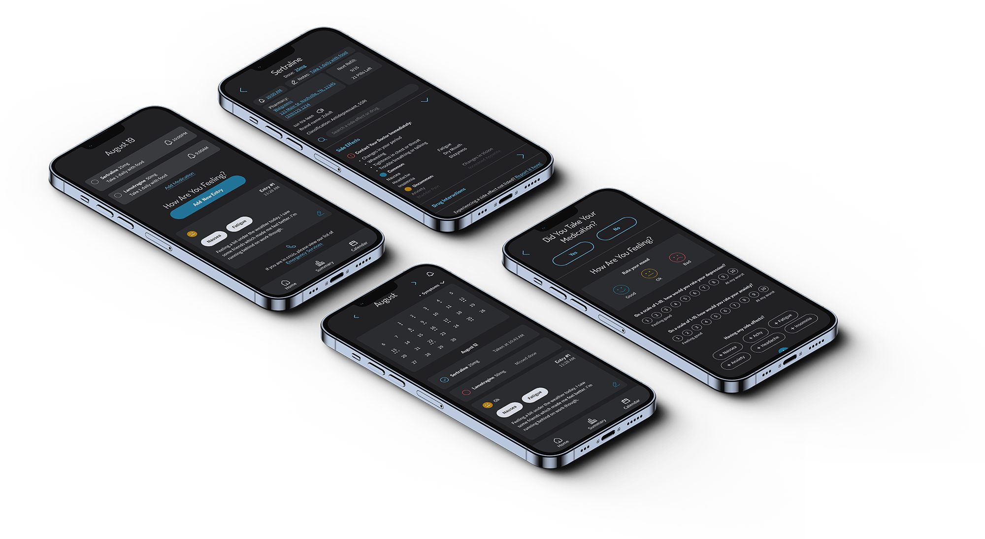 Mockups of a medication tracker app.